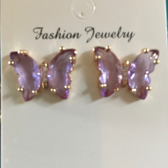 Purple glass butterfly pierced earrings - Picture 1 of 3